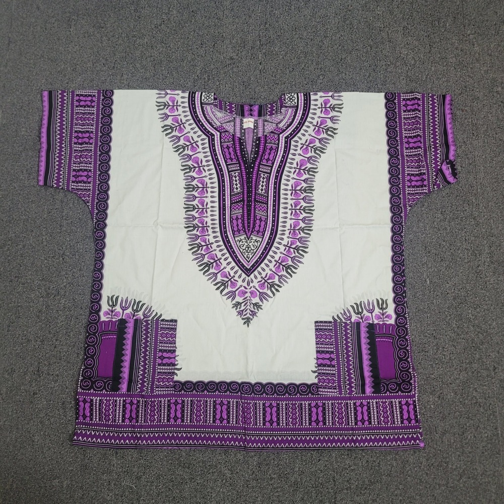 Big Mama One Size Dashiki Shirt Unisex Purple White African Print Boho Top